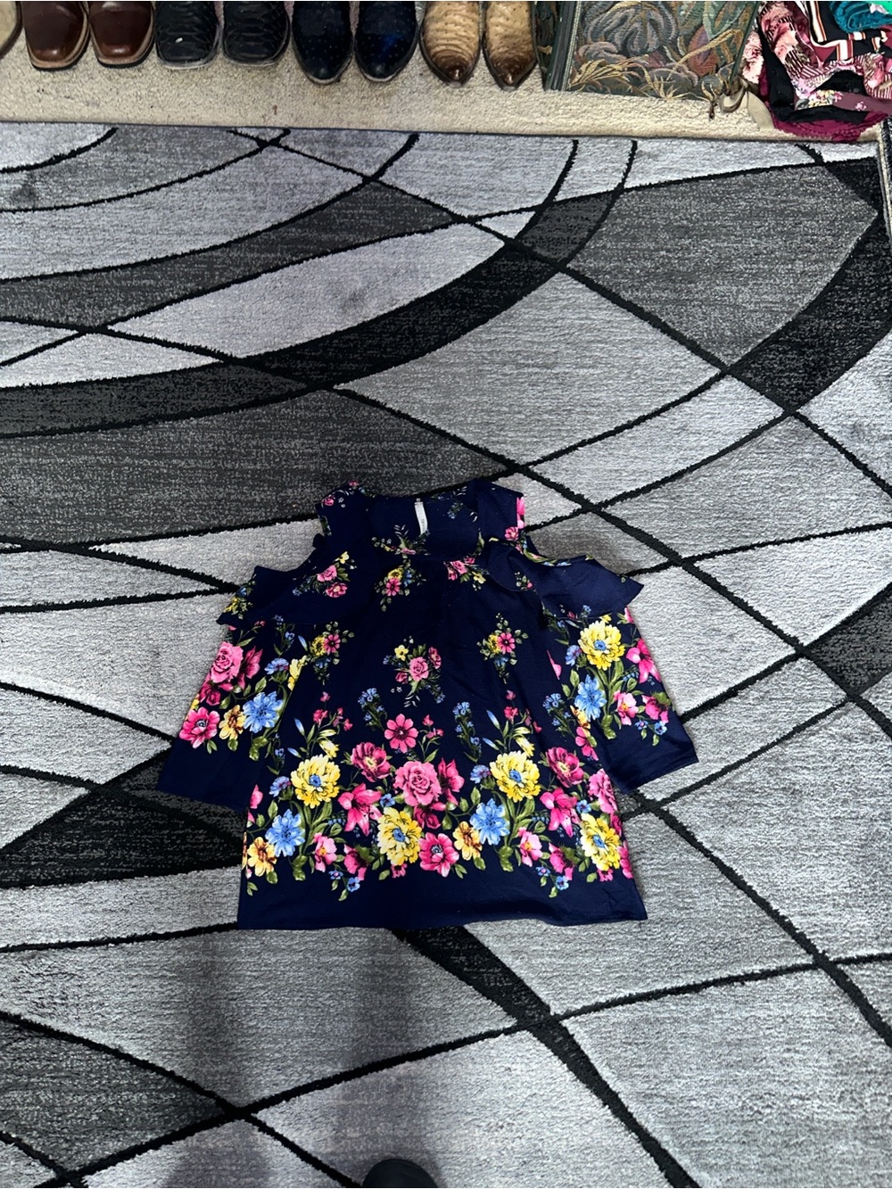 Girls' Navy Floral Cold-Shoulder Top